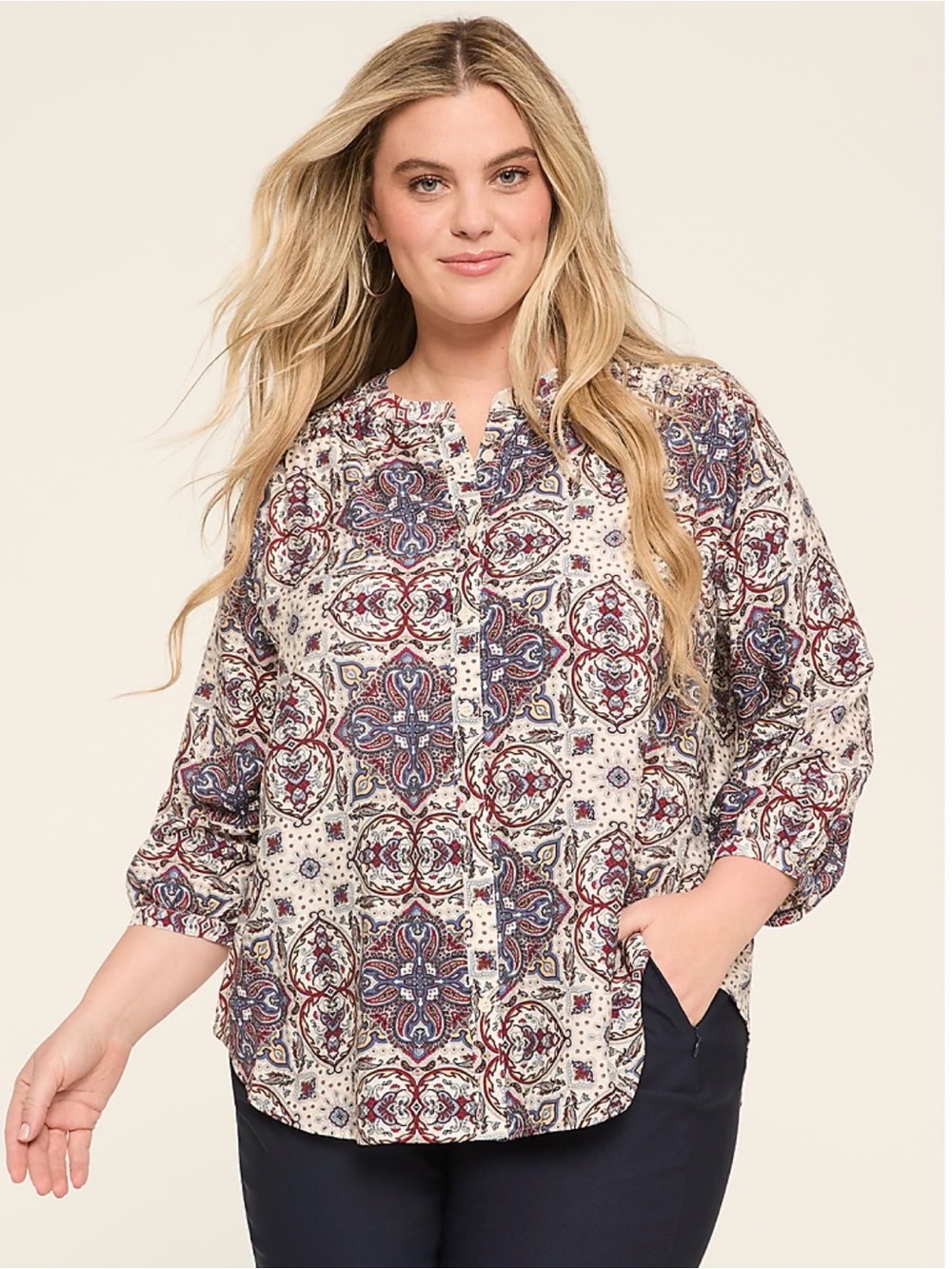 Lane Bryant 3/4-Sleeve Crew-Neck Button-Front Paisley Print Top Size 18/20